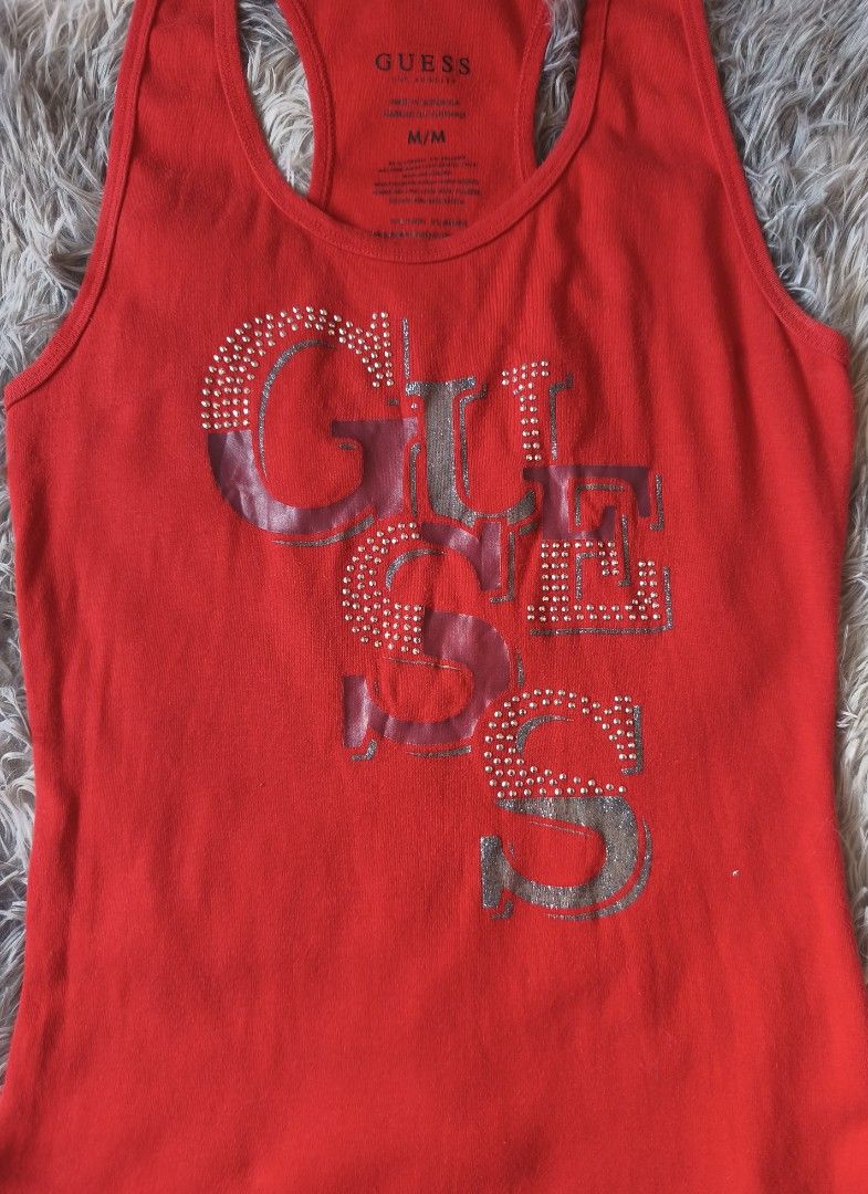 Red Guess Tank Top with Rhinestone (Category: Sleeveless) located in General Trias. Submitted by shanicemau09687 (Listing ID 1461450333, Image 2). Description: Xs-M (bust: 28-36in, length: 25in).