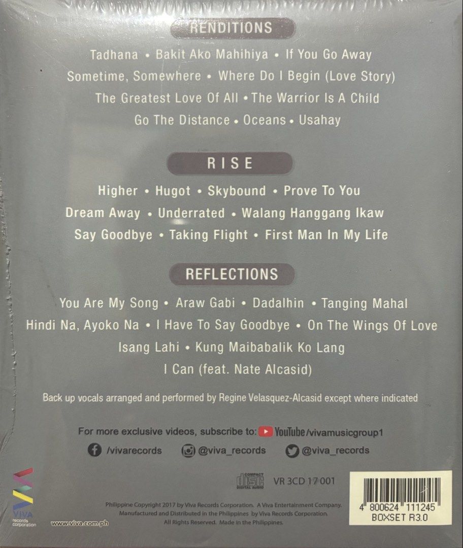 REGINE VELASQUEZ|R 3.0|3 DISCS (SEALED) (Category: CDs & DVDs) located in Manila. Submitted by retromusic (Listing ID 1461457005, Image 2). Description: BRAND NEW & SEALED IT HAS 3 DISC UNDER AND DISTRIBUTED BY VIVA RECORDS. THIS ALBUM IS DEDICATED TO ONE AND ONLY ASIA’s SONGBIRD 30TH YEARS IN THE BUSINESS FOR BEING A UNSTOPPABLE AND UNDISPUTED ONE OF THE OPM LEGEND AND MUSIC ICON IN PHILIPPINES MUSIC SCENE. YOURS FOR 400+SF MOP GCASH PM ME FOR M