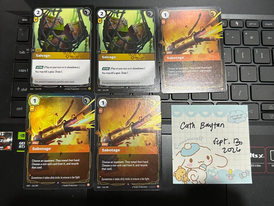 Riftbound Cards TCG (Price in description) (Category: Raw Singles) located in Pasig City. Submitted by catwonieebuys (Listing ID 1461329205, Image 2). Description: FOR SALE WTS/LFB - slightly below collectr price - mop: gotyme - mod: lalamove, jnt, or grab express - loc: rosario pasig - payment upon pickup salvage - 300 each sabotage - 1k each kaisa survivor- 4600 whiteflame protector - 240 each viktor ON - 6700 shen ON - 3300 darius ON - 3100.