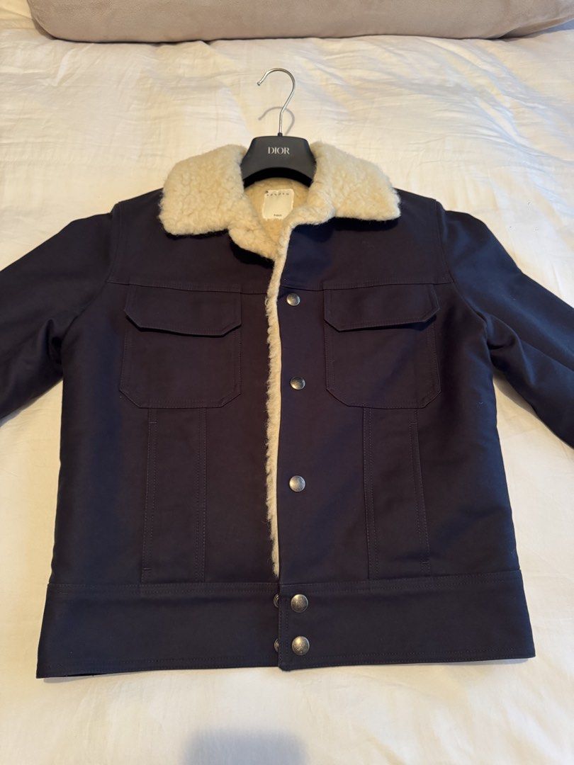 Sandro Paris Mens Shearling Aviator Jacket (Category: Luxury Apparel) located in Makati City. Submitted by quickbuysx (Listing ID 1461433470, Image 2). Description: Navy & Cream Sherpa Lined Jacket Excellent condition. No discoloration and well maintained. Shoulder 17” Chest 20” Length 26” Sleeve Length 24.5”.