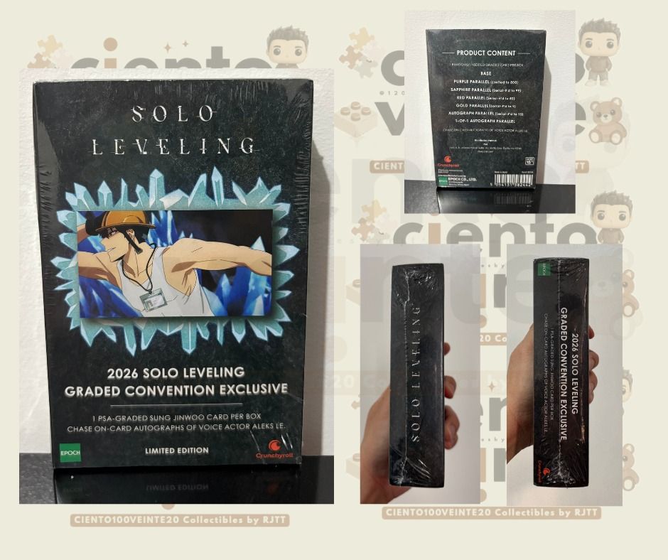 SDCC 2026 PSA Solo Leveling Convention Exclusive (Sealed) (Category: Card Boxes & Cases) located in Manila. Submitted by 120collectiblesbyrjtt (Listing ID 1461518236, Image 1). Description: Created with EPOCH, each box contains one PSA-graded Sung Jinwoo card, with holofoil parallels, serial-numbered chase cards, and a one-of-one Gold Ink autograph card signed by voice actor Aleks Le..