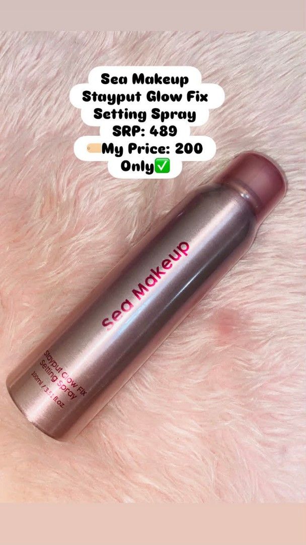 Sea Makeup Stayput Glow Fix Setting Spray 100ml (Category: Makeup) located in Rizal. Submitted by khimmy_02 (Listing ID 1461418151, Image 1). Description: - Sea Makeup Stayput Glow Fix Setting Spray - Size: 100ml / 3.5 fl.oz - Achieve a lasting glow - Keeps makeup in place - Original SRP: ₱489 - Selling Price: ₱200.