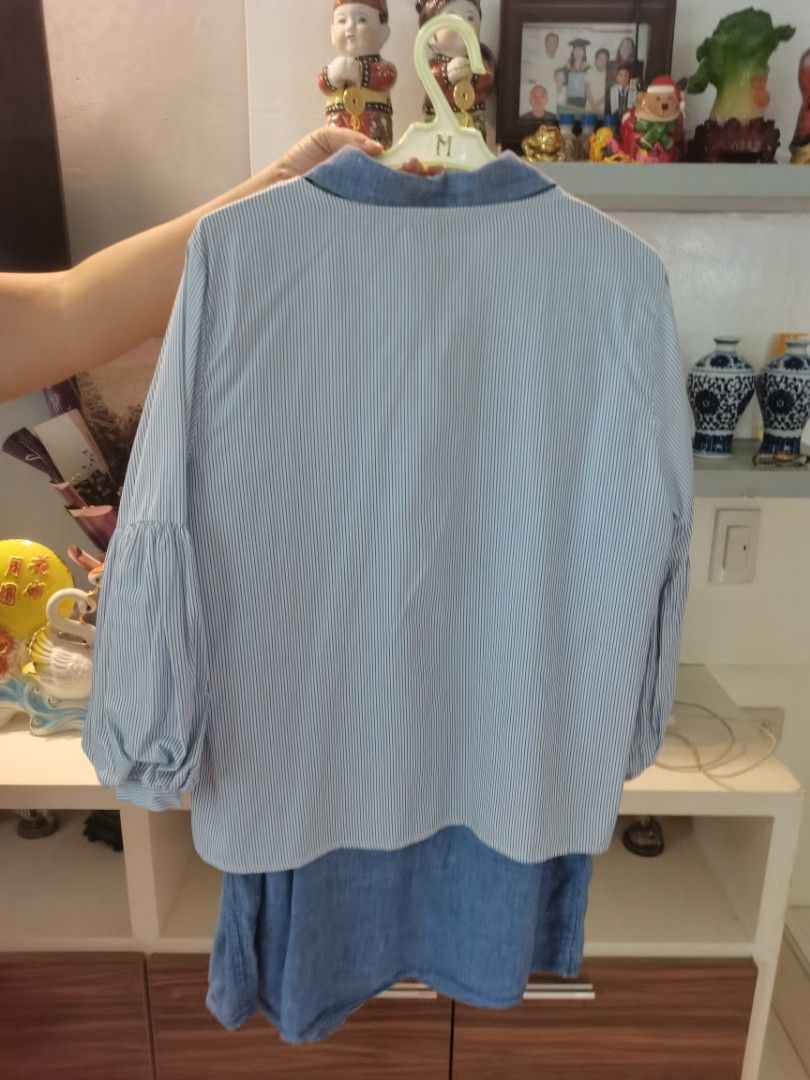 SET dress & blouse (Category: Blouses) located in Dipolog. Submitted by true.brclo_thing (Listing ID 1461441880, Image 2). Description: - Light blue and white striped blouse - Contrasting denim collar and cuffs - Stylish puff sleeves - Functional button-up front - Ideal for casual wear -size M.
