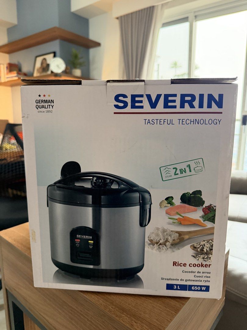 Severin Rice Cooker 3L 650W (Category: Cookers) located in Baguio. Submitted by ernest2232 (Listing ID 1461468958, Image 3). Description: - Severin Rice Cooker - 3L Capacity - 650W Power - 2-in-1 Function: Cooking & Steaming - Perfect for rice, vegetables, and fish - Simple Cook & Warm Settings - German Quality since 1892.