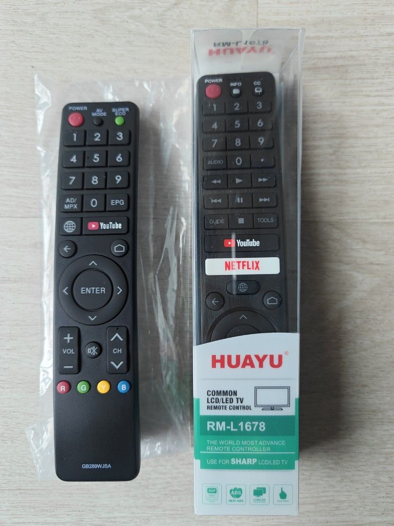 Sharp TV Remote Controller (Category: TV Parts & Accessories) located in Singapore. Submitted by epsyps (Listing ID 1461398601, Image 1). Description: 100% brand new remote set Compatible with Sharp Aquos series TVs Left: $21 Right: $19 Self collect any timings or by trackable postage delivery via Singpost to deal Collection place: BLK 37 Margaret Drive (Queenstown area).