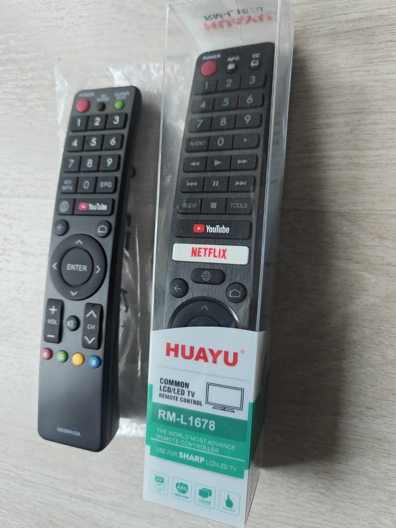 Sharp TV Remote Controller (Category: TV Parts & Accessories) located in Singapore. Submitted by epsyps (Listing ID 1461398601, Image 3). Description: 100% brand new remote set Compatible with Sharp Aquos series TVs Left: $21 Right: $19 Self collect any timings or by trackable postage delivery via Singpost to deal Collection place: BLK 37 Margaret Drive (Queenstown area).