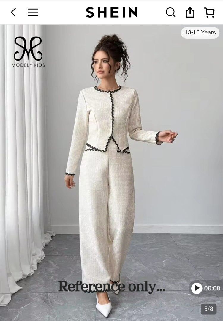 SHEIN Tweed Suit Set - White (Category: Sets or Coordinates) located in Mabalacat. Submitted by RENDEZVOUSSS (Listing ID 1461373941, Image 1). Description: - SHEIN white tweed two-piece set - Includes long-sleeved jacket and wide-leg pants - Elegant black scalloped trim and button details - Perfect for a smart casual look - L on tag - Measurement using tape measure, laid flat listed. - Top B: 20/40 in W: 18/36 in L: 23 in - Pants W: 16/32 in L: 4