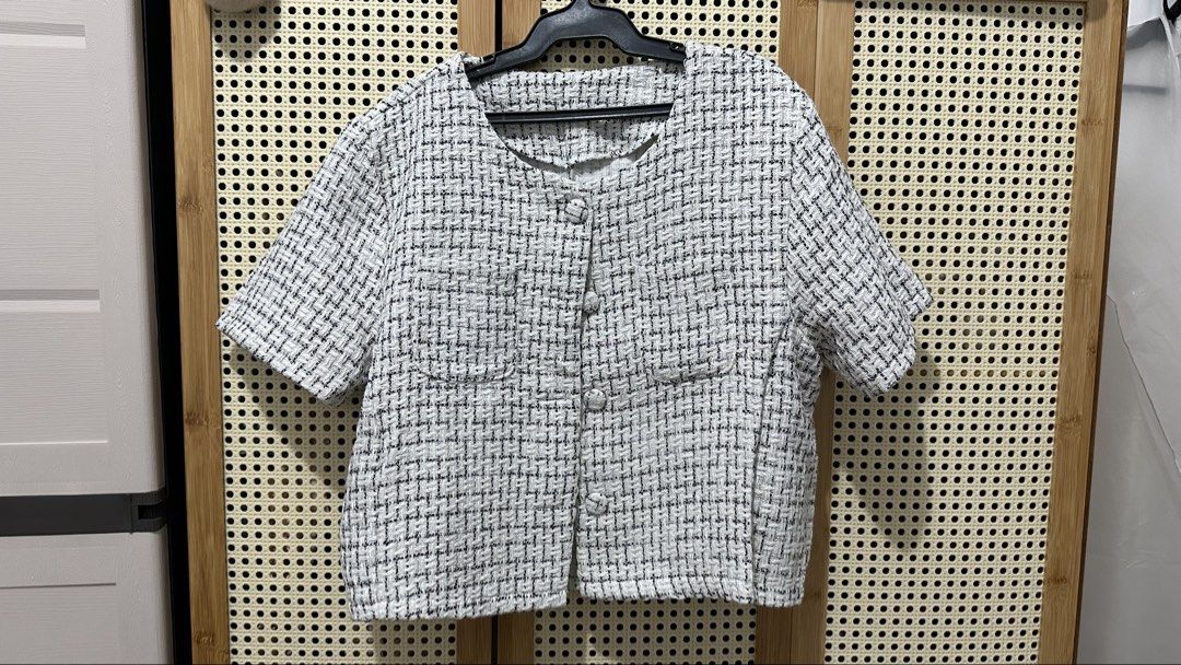 Short Sleeve Tweed Button-Up Jacket (Category: Coats, Jackets and Outerwear) located in Manila. Submitted by piecesfromreg (Listing ID 1461497973, Image 1). Description: - Cute short sleeve jacket - Tweed pattern.