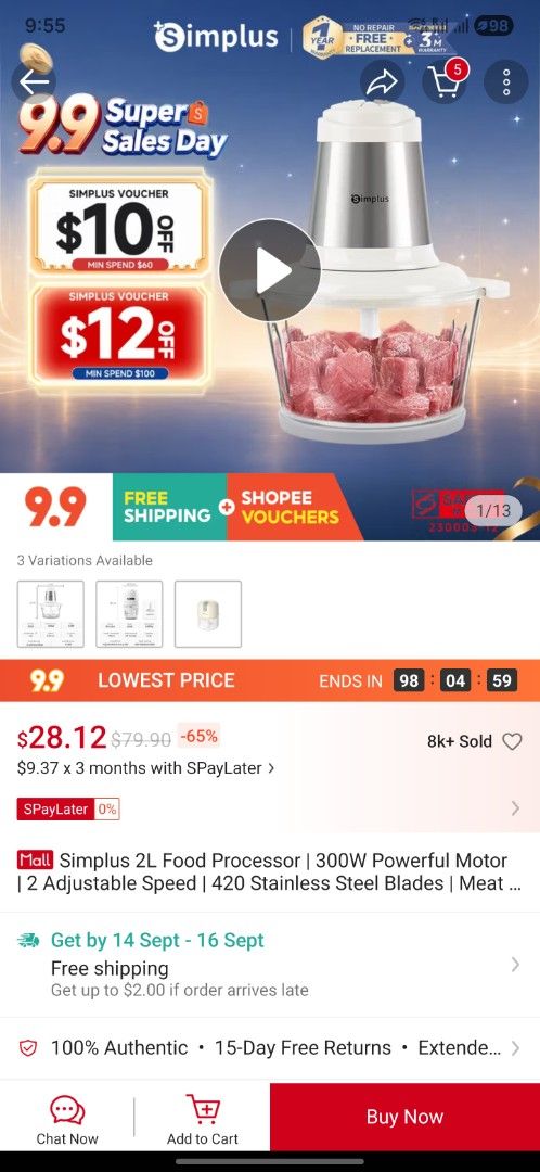 Simplus chopper (Category: Juicers, Blenders & Grinders) located in Singapore. Submitted by rk-nair (Listing ID 1461495915, Image 2). Description: simplus chopper 2L capacity selling as ordered wrong product Not used at all. brand new.