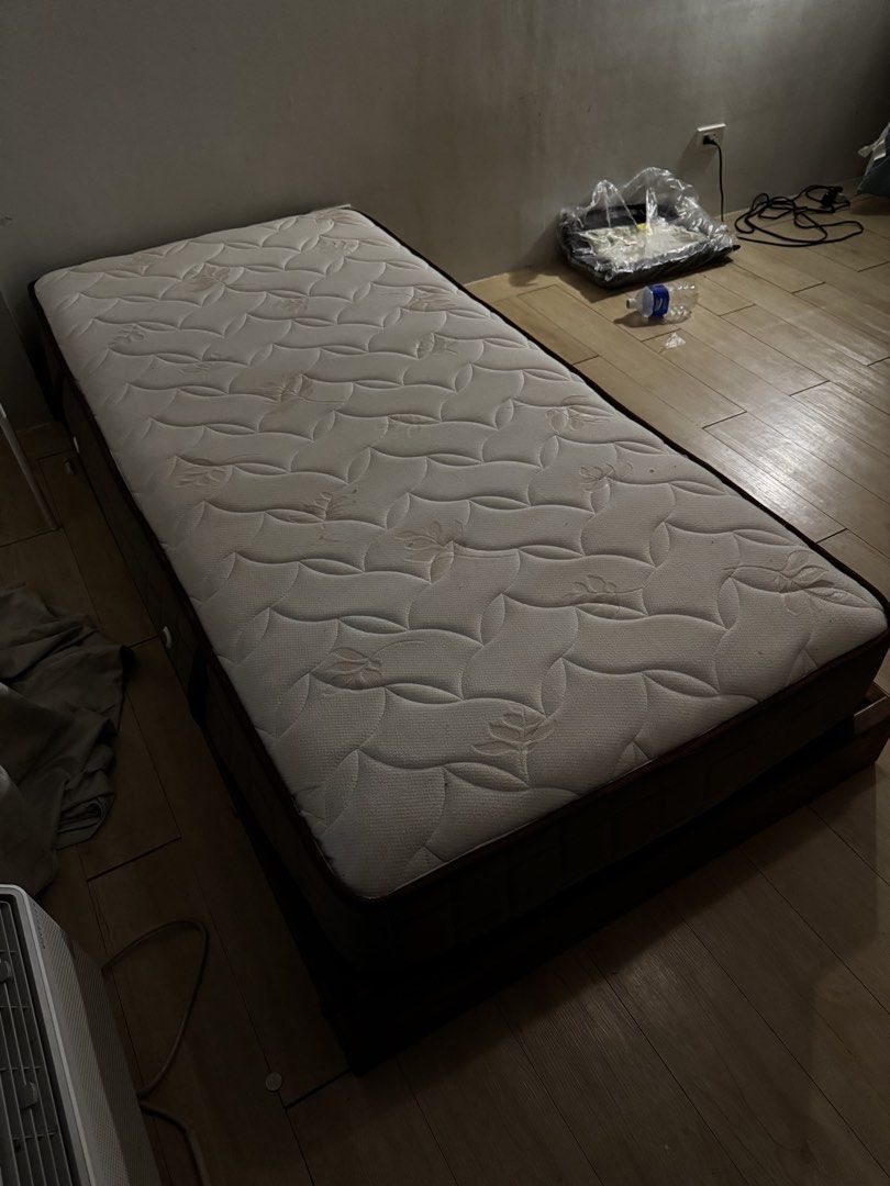Single Bed Frame + Bonnell Spring Mattress (Category: Bed Frames & Mattresses) located in Mandaluyong City. Submitted by ka_tnko (Listing ID 1461415799, Image 2). Description: Bed Frame - Single size (36 in. x 75 in. x 5.5 in.) - Solid wood - Custom-made - Woodstain matte finish walnut full tone - with wood preservative - very sturdy and no visible chips Mattress - Mandauefoam Hotel Quality Bonnell Spring Mattress - Single size (36 in. x 75 in x 