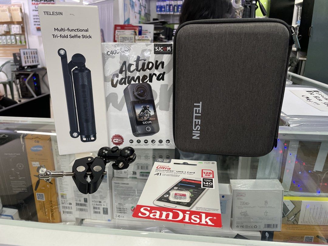 SJC400 POCKET BUNDLE (Category: Cameras) located in Manila. Submitted by christinec65086 (Listing ID 1461369823, Image 1). Description: - Complete action camera accessory bundle for SJCAM C400 - Includes Telesin tri-fold selfie stick - Comes with a Telesin carrying case - Features a versatile clamp mount - Comes with a SanDisk 128GB microSDXC card - Everything you need to start filming!.