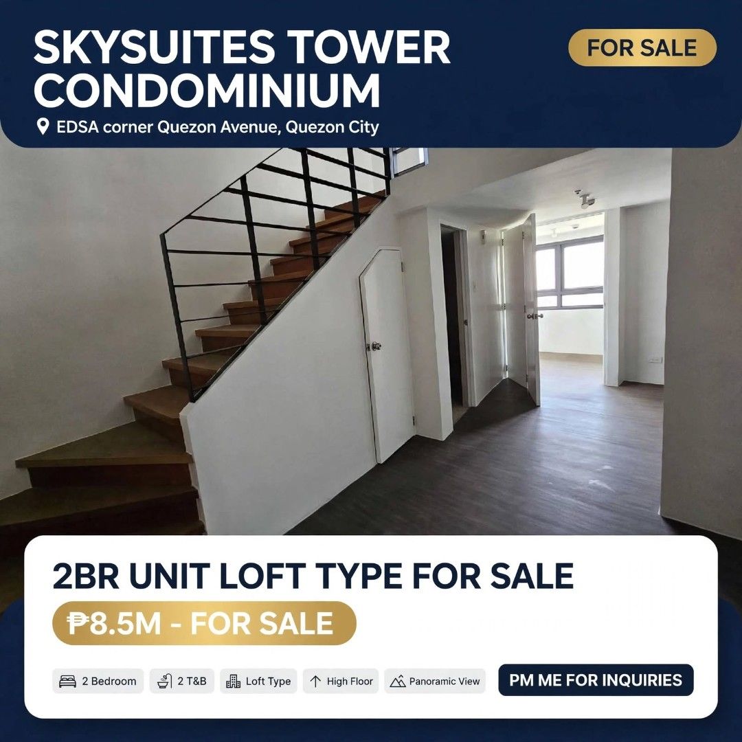 Skysuites tower condominium (Category: Apartments & Condos) located in Manila. Submitted by silverstorm.04dc85 (Listing ID 1461332714, Image 1). Description: FOR SALE: 3BR Loft Type Unit - Skysuites Tower, Quezon City - ₱8.5M PRICE: ₱8,500,000 DESCRIPTION: 🏢 SKYSUITES TOWER CONDOMINIUM - FOR SALE 🏢 📍 EDSA corner Quezon Avenue, Quezon City 3BR UNIT - LOFT TYPE - HIGH FLOOR with Panoramic View! PROPERTY DETAILS: ✔️ 2 Bedroom ✔️ 2 Toilet & Bath ✔