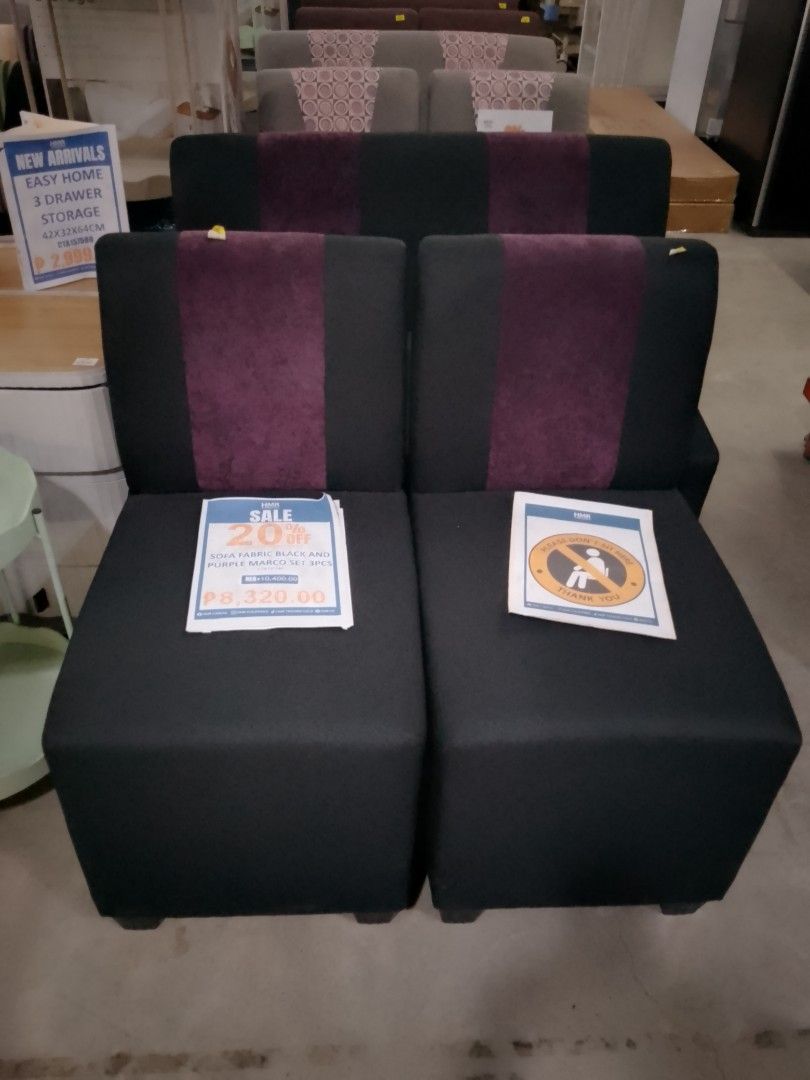 Sofa Fabric Black and Purple 3 Seaters (Category: Sofas) located in Manila. Submitted by fiercehorse_40fdc9 (Listing ID 1461340199, Image 2). Description: - Set of 3 seater sofas - Upholstered in black fabric with stylish purple accents - Ideal for living rooms or lounges - Price is for the entire set - Inquire for more details.