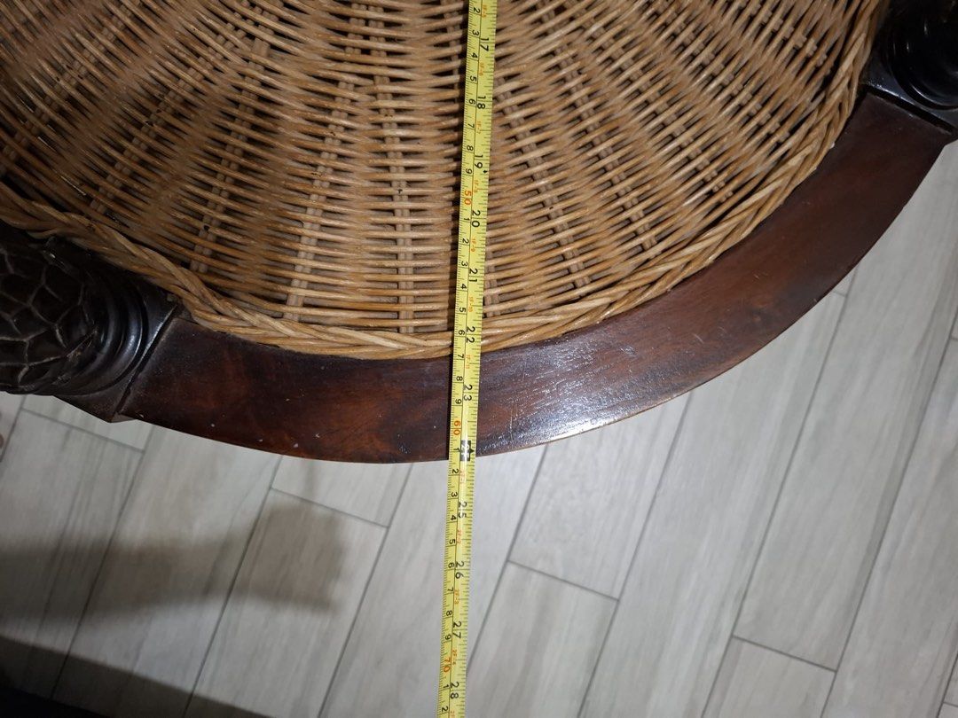 Solid wood coffee table (Category: Tables & Sets) located in Singapore. Submitted by shaa87 (Listing ID 1461464483, Image 3). Description: Round coffee table - 61cm diameter Solid wood with brown natural Ratten woven antic collection and 4 wooden pines at each quadrant. Selling off as not using often. Good home addition for wood loverss! Self- collection.