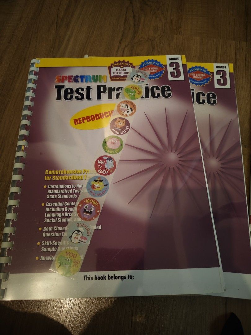 Spectrum Test Practice Grade 3 Workbooks (Category: Textbooks) located in Taguig. Submitted by frannnyl (Listing ID 1461492420, Image 1). Description: - Spectrum Test Practice workbooks for Grade 3 - Covers reading, language arts, social studies, and more - Aligned to state and national standards - Includes skill-specific sample questions - Stickers included on the cover.