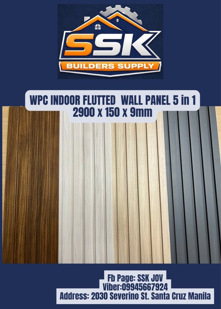 SSK Builders Supply WPC Indoor Fluted Wall Panel 5 in 1 (Category: Wall Decor) located in Manila. Submitted by ssk_jov (Listing ID 1461525112, Image 1). Description: - Elevate your home with stylish WPC indoor fluted wall panels. - Available Colors: Brown Narra, Ivory White, Beige, Gray. - Dimensions: 2900mm (length) x 150mm (width) x 9mm (thickness). - Ideal for enhancing interior walls. - Visit our showroom: 2030 Severino St. Santa Cruz Manila.
