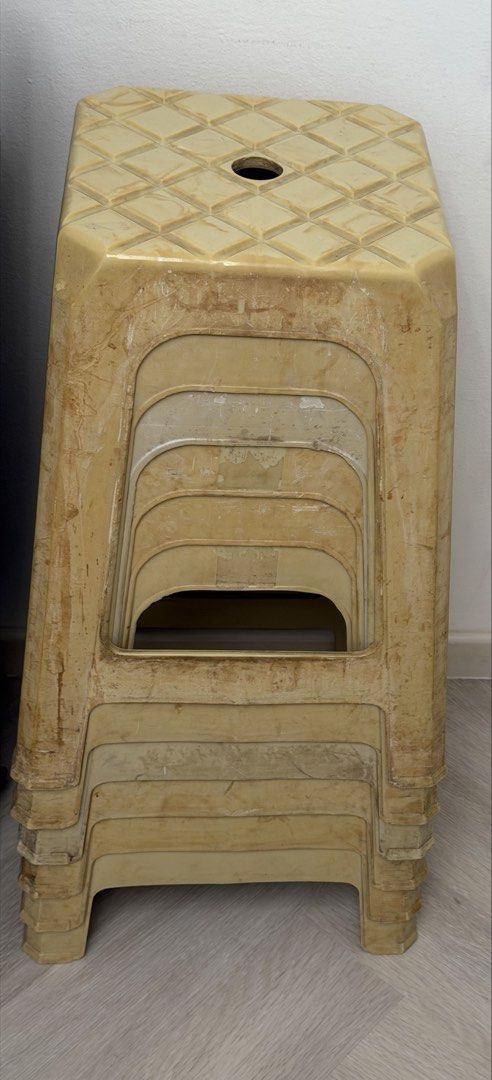 Stackable Plastic Stool (Category: Chairs) located in Singapore. Submitted by meltwy (Listing ID 1461354320, Image 1). Description: SELF COLLECT AT MARSILING ONLY - Set of stackable plastic stools - Light beige color - Provides extra seating - Easy to store when stacked - Suitable for kitchens, balconies, and small spaces .