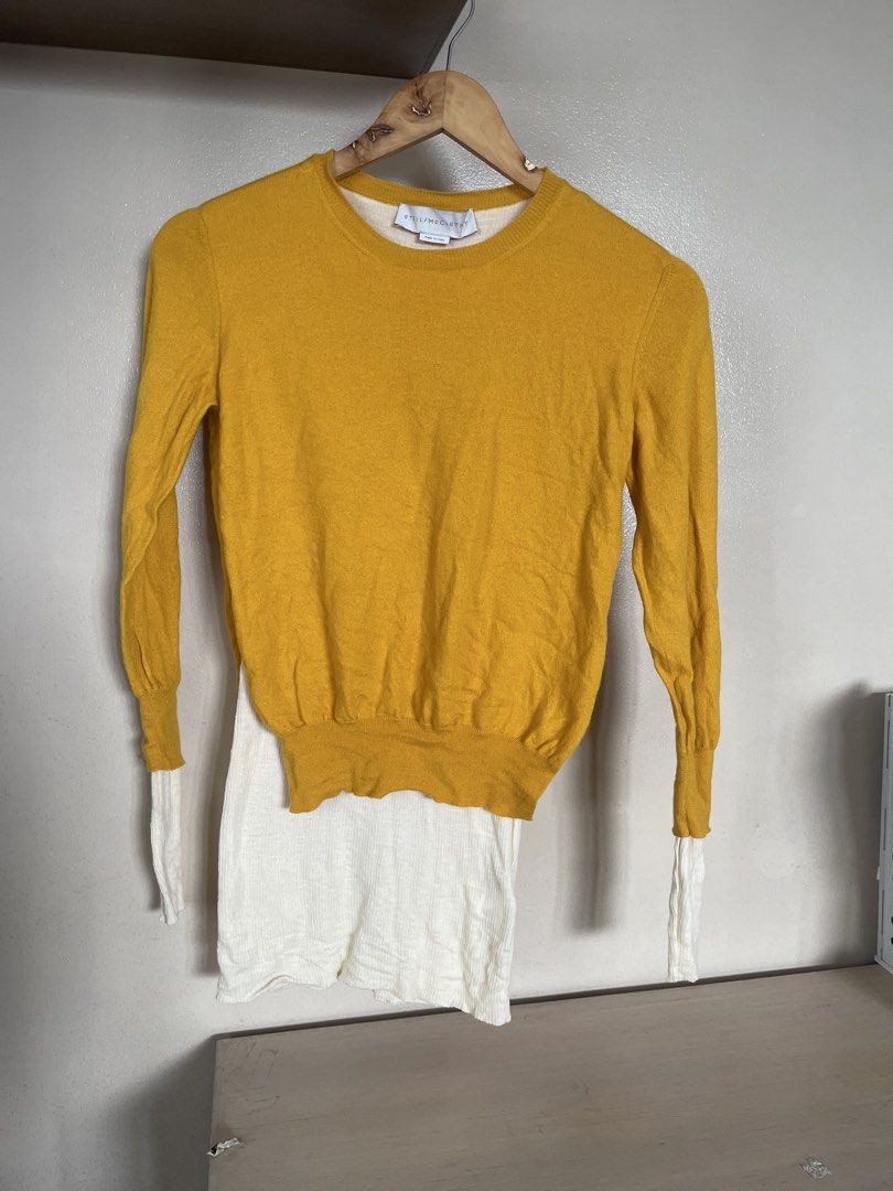 Stella Mccartney mustard layered knit sweater medium (Category: Longsleeves) located in Quezon City. Submitted by booktt (Listing ID 1461363505, Image 1). Description: stella mccartney medium crew neck mustard sweater.