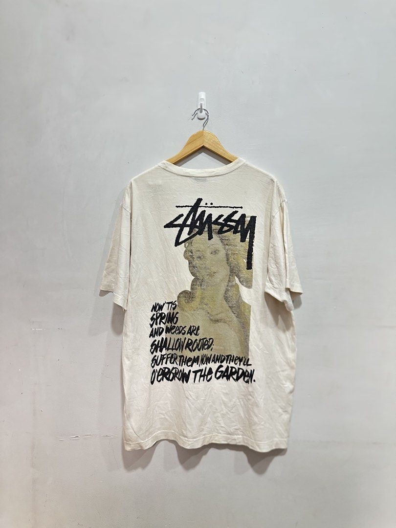 Stüssy Spring Weeds Venus Tee White XL (Category: Tshirts & Polo Shirts ) located in Manila. Submitted by ylsrarities (Listing ID 1461345292, Image 2). Description: Features the iconic Botticelli Venus artwork with the Stüssy logo and Shakespeare inspired “Now ’tis the spring, and weeds are shallow rooted” graphic on the back. • Size XL • White / Natural • 100% Cotton • Made in Mexico • Short Sleeve • Front Stüssy logo • Large back Venus / Shakes