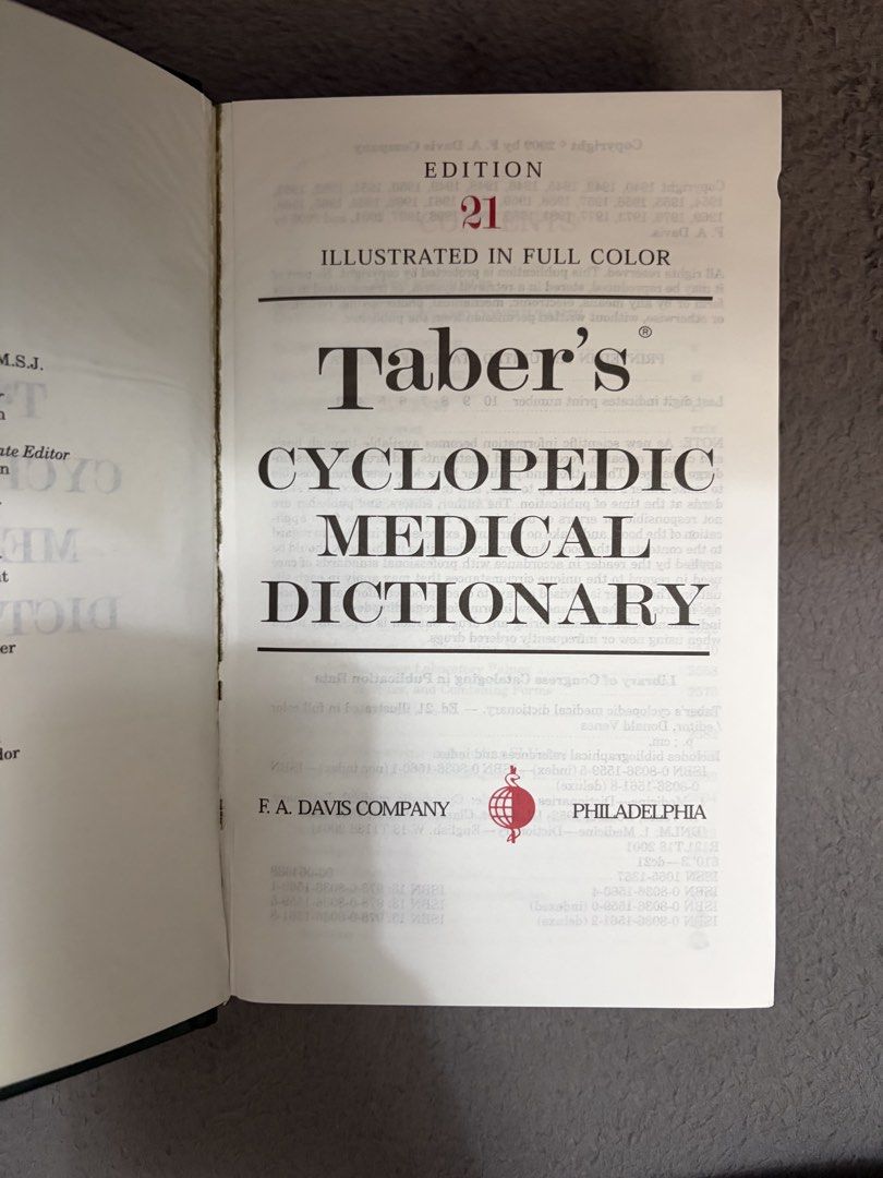 Taber's Cyclopedic Medical Dictionary Edition 21 (Category: Textbooks) located in Caloocan City. Submitted by fierceearth-2d5b (Listing ID 1461399508, Image 3). Description: - Taber's Cyclopedic Medical Dictionary, 21st Edition - Features full-color illustrations - Published by F.A. Davis Company, Philadelphia - A comprehensive medical reference book.