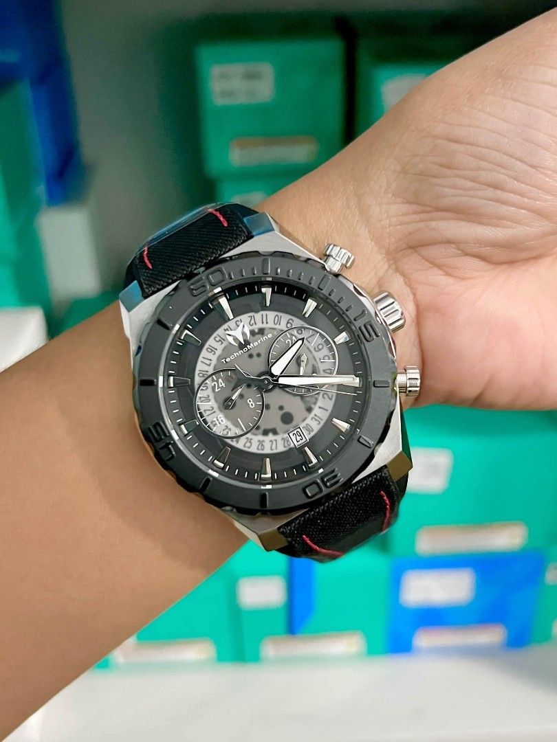 Technomarine TM-519006 Reef Shark ( 48mm diameter ) (Category: Men's Watches) located in Las Pinas. Submitted by luxlahvu2017 (Listing ID 1461456798, Image 2). Description: - TechnoMarine Chronograph Watch - Black dial with silver accents - Multiple subdials for added functionality - Convenient date window - Black fabric strap with stylish red stitching.