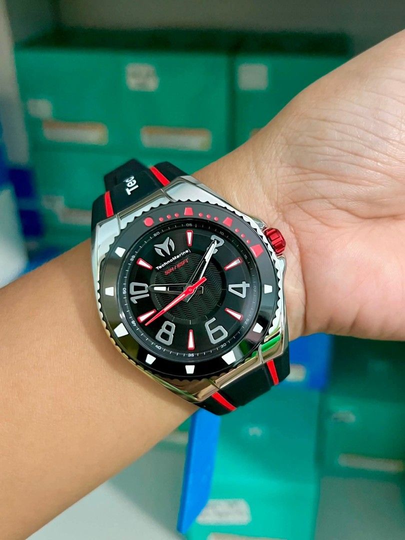 TechnoMarine TM-525014 Racing Legends ( 44mm diameter ) (Category: Women's Watches) located in Las Pinas. Submitted by luxlahvu2017 (Listing ID 1461447836, Image 2). Description: - Cool TechnoMarine watch - Black dial with striking red accents - Durable black silicone strap with red trim and TechnoMarine branding - Comes with original box and tag - Ideal for everyday wear and sports activities.