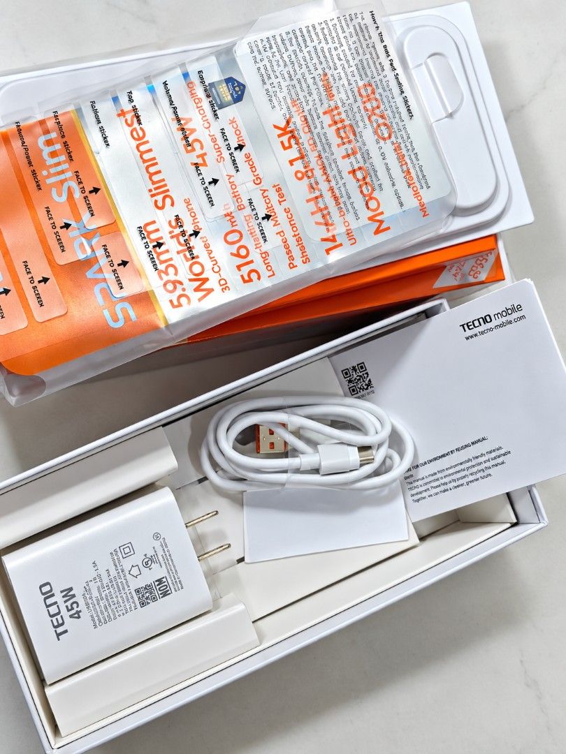 Tecno Spark Slim 256 + 8 gb (Category: Android Others) located in Bulacan. Submitted by adorablejemz (Listing ID 1461453084, Image 2). Description: This is my secondary phone. Unused charger. Box still in plastic. Honest issue: A few hairline scratches on the but barely noticeable. I left it in my hand bag a couple of times without a screen protector. This is so light I promise. Favorite ko siya hawakan at gamitin for social media purposes. The m