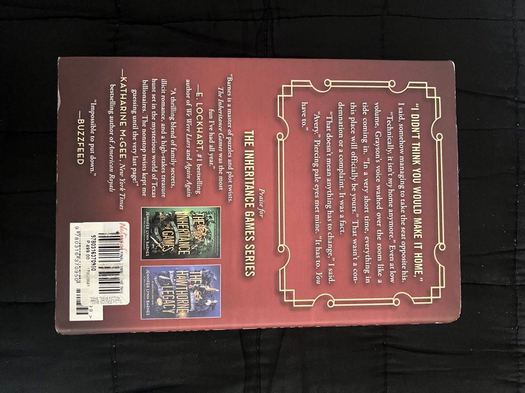 The Final Gambit by Jennifer Lynn Barnes (Category: Storybooks) located in Makati City. Submitted by declutter_butter (Listing ID 1461500355, Image 2). Description: - The Final Gambit by Jennifer Lynn Barnes - Book 3 in The Inheritance Games series - Features family secrets, hunts, and a compelling mystery - A thrilling read for fans of the series.