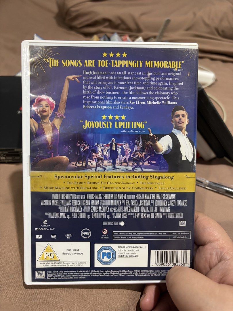 The Greatest Showman DVD (Category: CDs & DVDs) located in Caloocan City. Submitted by gamegirl97 (Listing ID 1461390816, Image 2). Description: - The Greatest Showman DVD - Starring Hugh Jackman, Zac Efron, and Zendaya - Special Features: Singalong, Behind-the-Scenes - Genre: Musical, Family Film - Rating: PG - Perfect for family entertainment!.