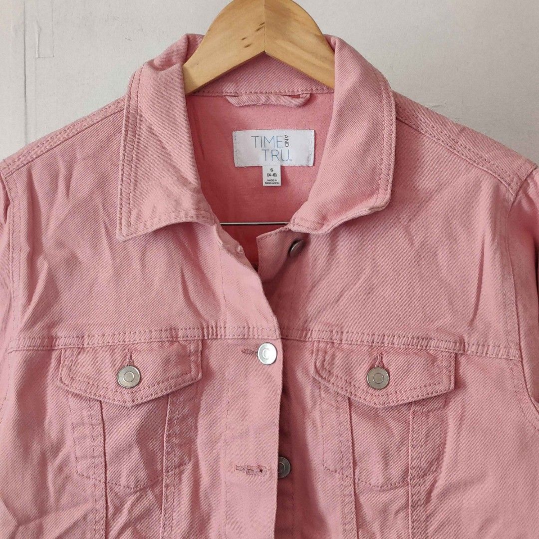 TIME AND TRU PINK authentic denim jacket (Category: Coats, Jackets and Outerwear) located in Manila. Submitted by swishyyy (Listing ID 1461325001, Image 2). Description: - Pink denim jacket by Time and Tru - Classic button-up style - Features two chest pockets - Estimated size: Medium - Ideal for casual layering and versatile styling.