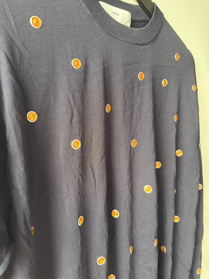 TOGA PULLA Navy Sweater with Orange Dot Pattern (Category: Coats, Jackets and Outerwear) located in Makati City. Submitted by cheapipie (Listing ID 1461418291, Image 3). Description: - Navy blue sweater from TOGA PULLA very chic and comfortably light . - Features a repeating orange dot pattern all over - Crew neck, long sleeves - Ribbed cuffs and hem - Versatile for layering or wearing solo.