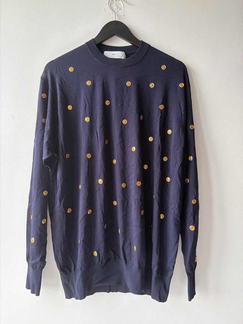 TOGA PULLA Navy Sweater with Orange Dot Pattern (Category: Coats, Jackets and Outerwear) located in Makati City. Submitted by cheapipie (Listing ID 1461418291, Image 1). Description: - Navy blue sweater from TOGA PULLA very chic and comfortably light . - Features a repeating orange dot pattern all over - Crew neck, long sleeves - Ribbed cuffs and hem - Versatile for layering or wearing solo.