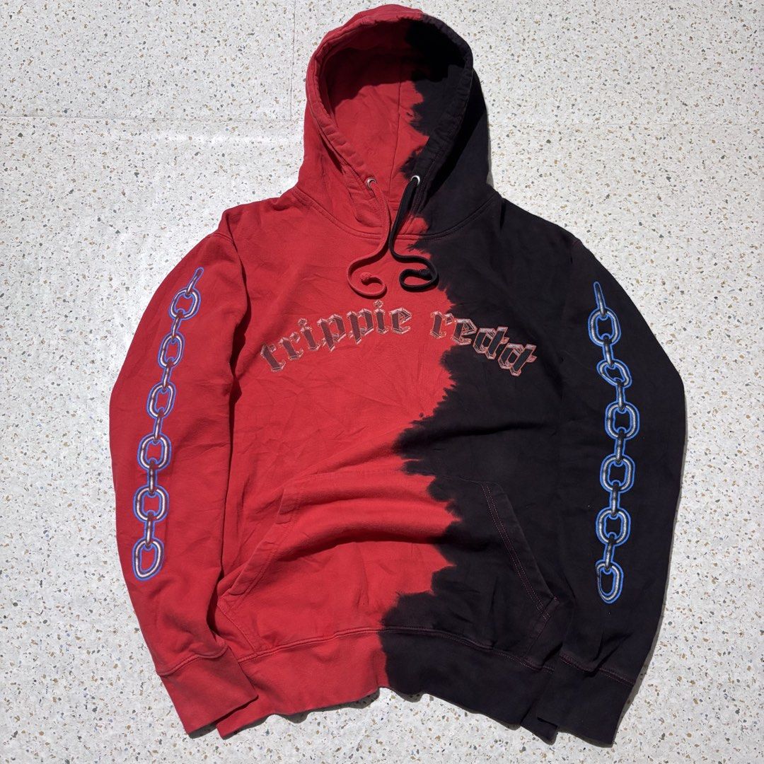 Trippie Redd Split Color Chain Hoodie Size M (Category: Hoodies) located in Baguio. Submitted by rhayburn (Listing ID 1461328508, Image 1). Description: - Trippie Redd Hoodie -Makapal - Size: Medium - Design: Split red and black with chain graphics on sleeves and back - Back Graphic: Geometric shapes - Origin: Made in Pakistan.