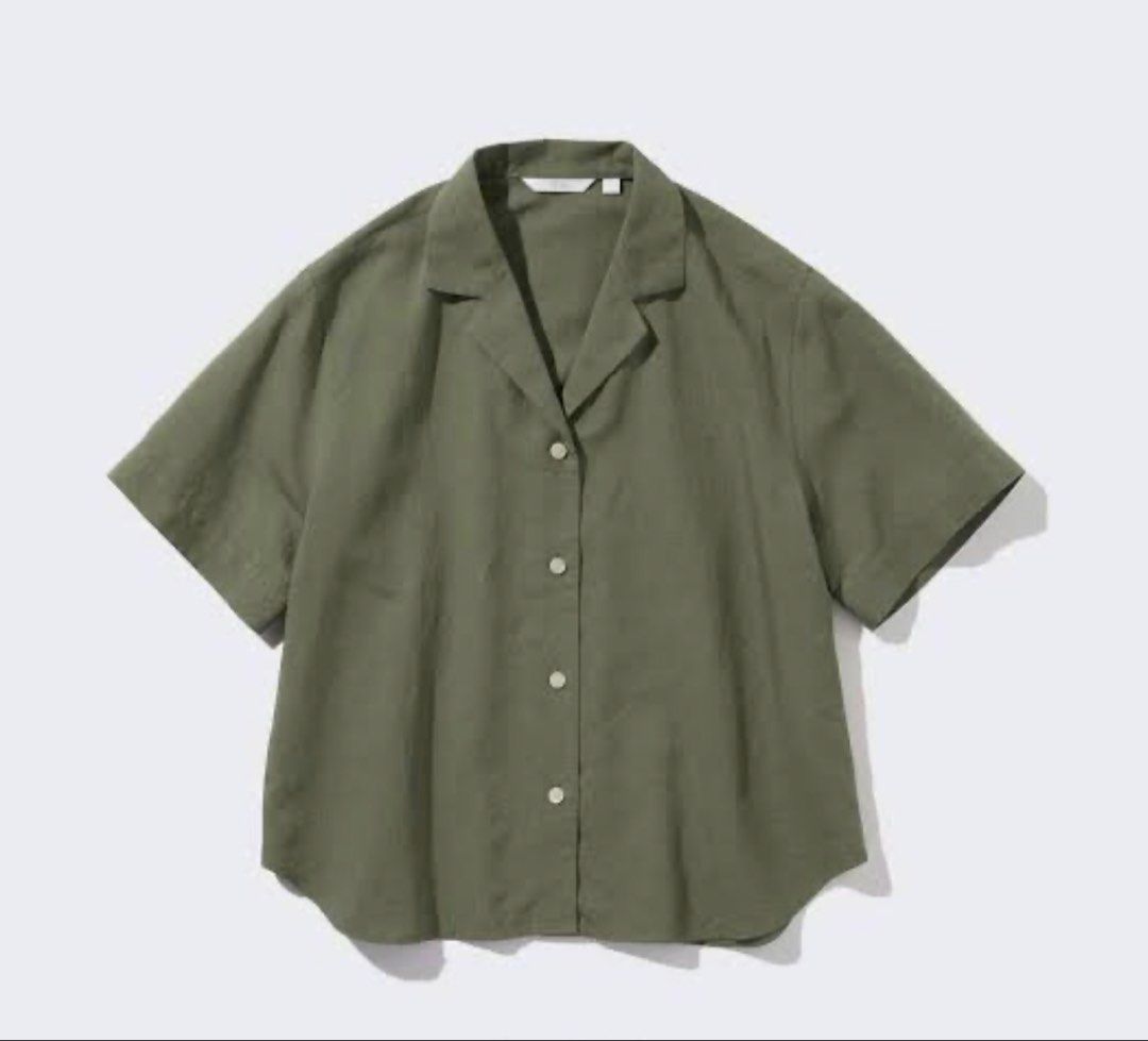 Uniqlo linen blen open collar (Category: Blouses) located in Malabon City. Submitted by _itsmejrmn (Listing ID 1461369654, Image 1). Description: 1200 for take all (No Issue, no stain) 650 each Olive green and off white. Size: medium (m-L runs big) Rfs: decluttering only. Used twice each blouse Malabon loaction.