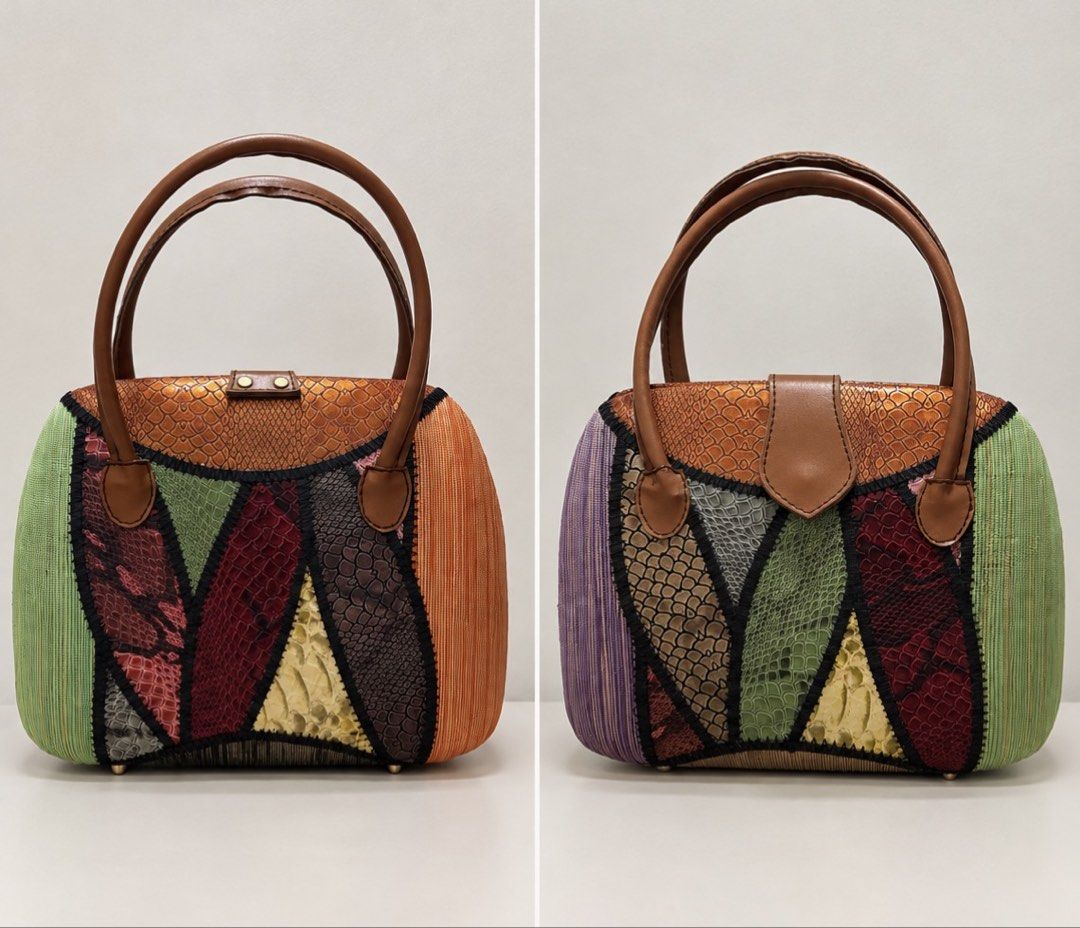 Unique Patchwork Leather & Fabric Handbag (Category: Purses & Pouches) located in Dasmarinas. Submitted by slytheringiron (Listing ID 1461336536, Image 1). Description: - Unique patchwork design with mixed textures - Stylish brown leather handles - Secure top clasp closure - Adds a vibrant pop of color to any outfit.