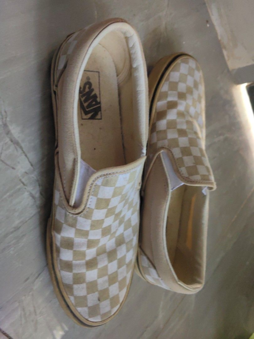 Vans Slip-On Checkerboard Tan White Shoes (Category: Sneakers) located in Quezon City. Submitted by flat.earther23 (Listing ID 1461342337, Image 1). Description: - Original Classic Vans slip-on shoes - Tan and white checkerboard pattern - Easy slip-on design - Vans logo on insole and heel tab - Soles show some wear, adding character - Ideal for everyday casual wear.
