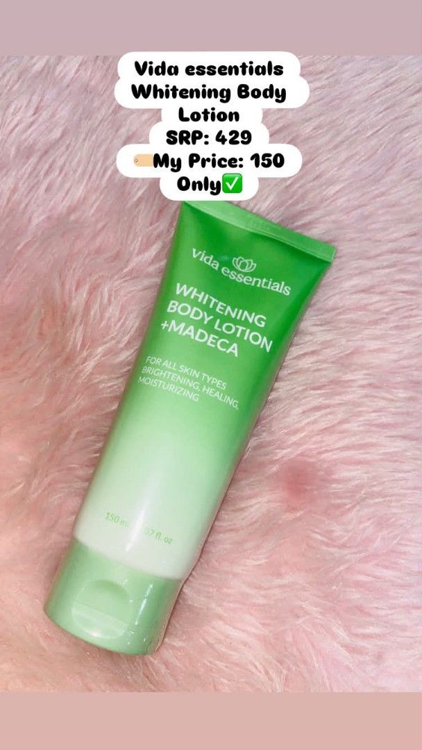 Vida Essentials Whitening Body Lotion +Madeca (Category: Body Care) located in Rizal. Submitted by khimmy_02 (Listing ID 1461417953, Image 1). Description: - Vida Essentials Whitening Body Lotion - Brightens, heals, and moisturizes - Suitable for all skin types - Size: 150 ml / 3.7 fl. oz. - Price: 150 pesos.