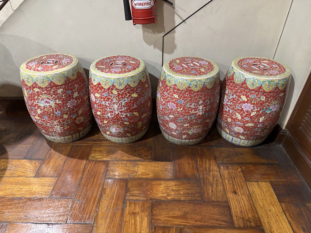 Vintage Chinese Porcelain Table with 4 Stools (Category: Tables & Sets) located in Quezon City. Submitted by katzlee (Listing ID 1461533998, Image 3). Description: - Beautiful vintage Chinese ceramic table and 4 matching stools. - Intricate floral and figural designs in red, gold, and blue. - Table features a round top with a scenic painting. - Stools are barrel-shaped. - Perfect statement pieces for your home. - Selling as a complete set. -Outdo