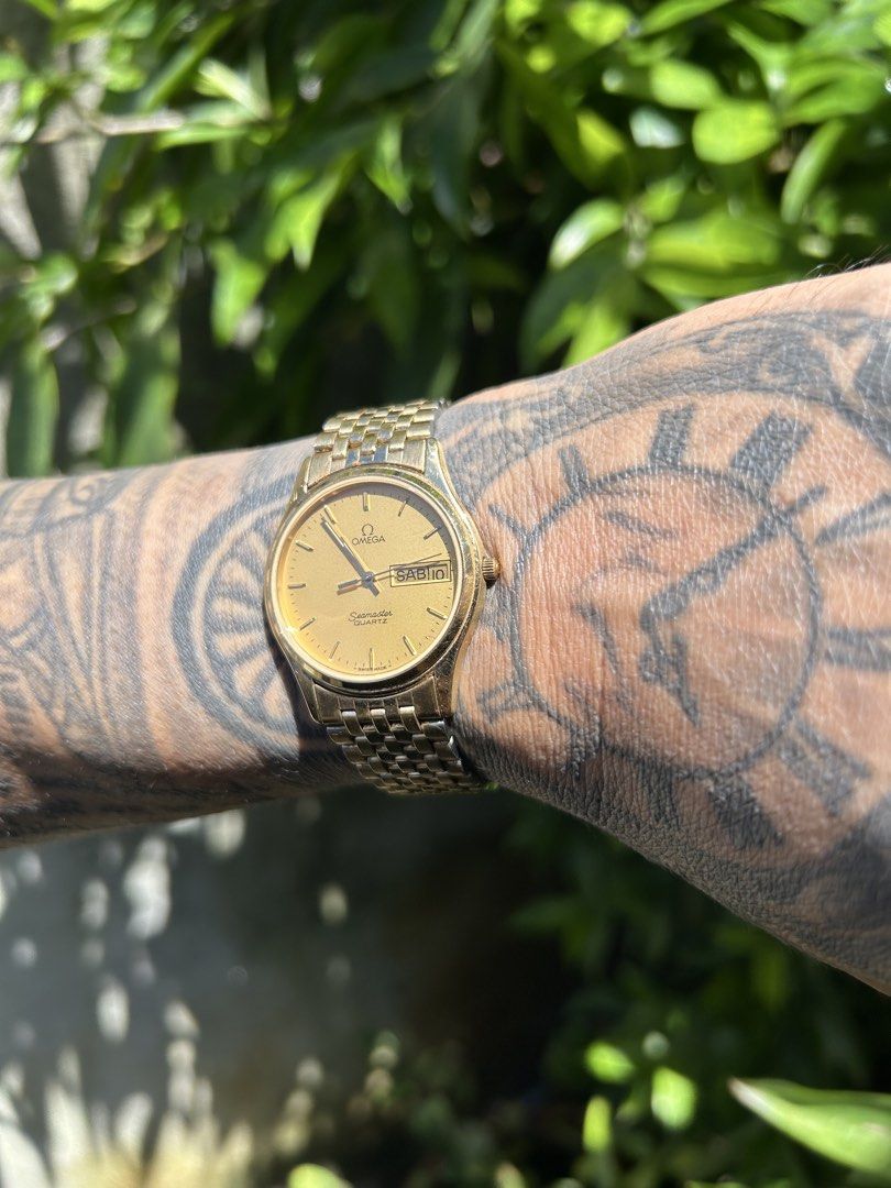 Vintage Omega seamaster Quartz movement (Category: Men's Watches) located in Lubao. Submitted by 23dang (Listing ID 1461344233, Image 3). Description: Gender: Unisex Year Model: 1984 Movement: Quartz Case Size: 33mm Case Material: Gold plated stainless steel Strap Size: 6.5” Crystal: Sapphire Dial Type: Gold Calendar: Day and date display Band Type: Bracelet Band Material: Gold plated stainless steel Clasp: Fold clasp Inclusion: Omega authentic w