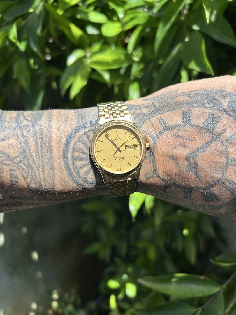 Vintage Omega seamaster Quartz movement (Category: Men's Watches) located in Lubao. Submitted by 23dang (Listing ID 1461344233, Image 2). Description: Gender: Unisex Year Model: 1984 Movement: Quartz Case Size: 33mm Case Material: Gold plated stainless steel Strap Size: 6.5” Crystal: Sapphire Dial Type: Gold Calendar: Day and date display Band Type: Bracelet Band Material: Gold plated stainless steel Clasp: Fold clasp Inclusion: Omega authentic w