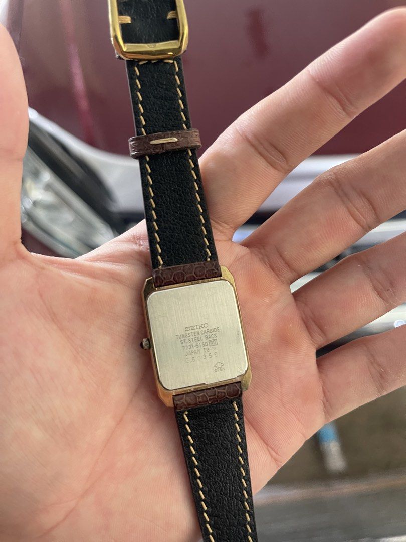Vintage Seiko 5 (Category: Women's Watches) located in Iriga City. Submitted by bogart857 (Listing ID 1461334921, Image 3). Description: - Model: Seiko dolce - Movement: Japanese Quartz 7731-5150 -Material: Tungsted carbide (superior scratch resistant) - Case: Gold-tone - Dial: Golden dial W/ patina marks (snowflake) - Strap: Burgundy crocodial strap W/ stitching - Era: 1980's - Case size: 27.7 mm (with crown) 📍Camarines sir, Iriga city 🚢 can s
