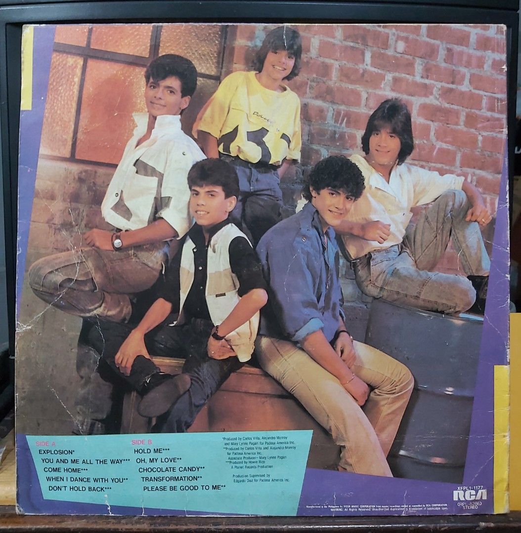 vinyl Menudo - Explosion (open) (w/ issue) (Category: Vinyls) located in Antipolo. Submitted by rlt1870 (Listing ID 1461342887, Image 2). Description: record has scratches on it... the issue is it has a slight skip on side A track 2 title You and Me All The Way. it skips but moves on. the rest of the songs are ok. album cover has a scotch tape on the front right side bcus of a tear. overall condition...good. except for the slight skip. local made