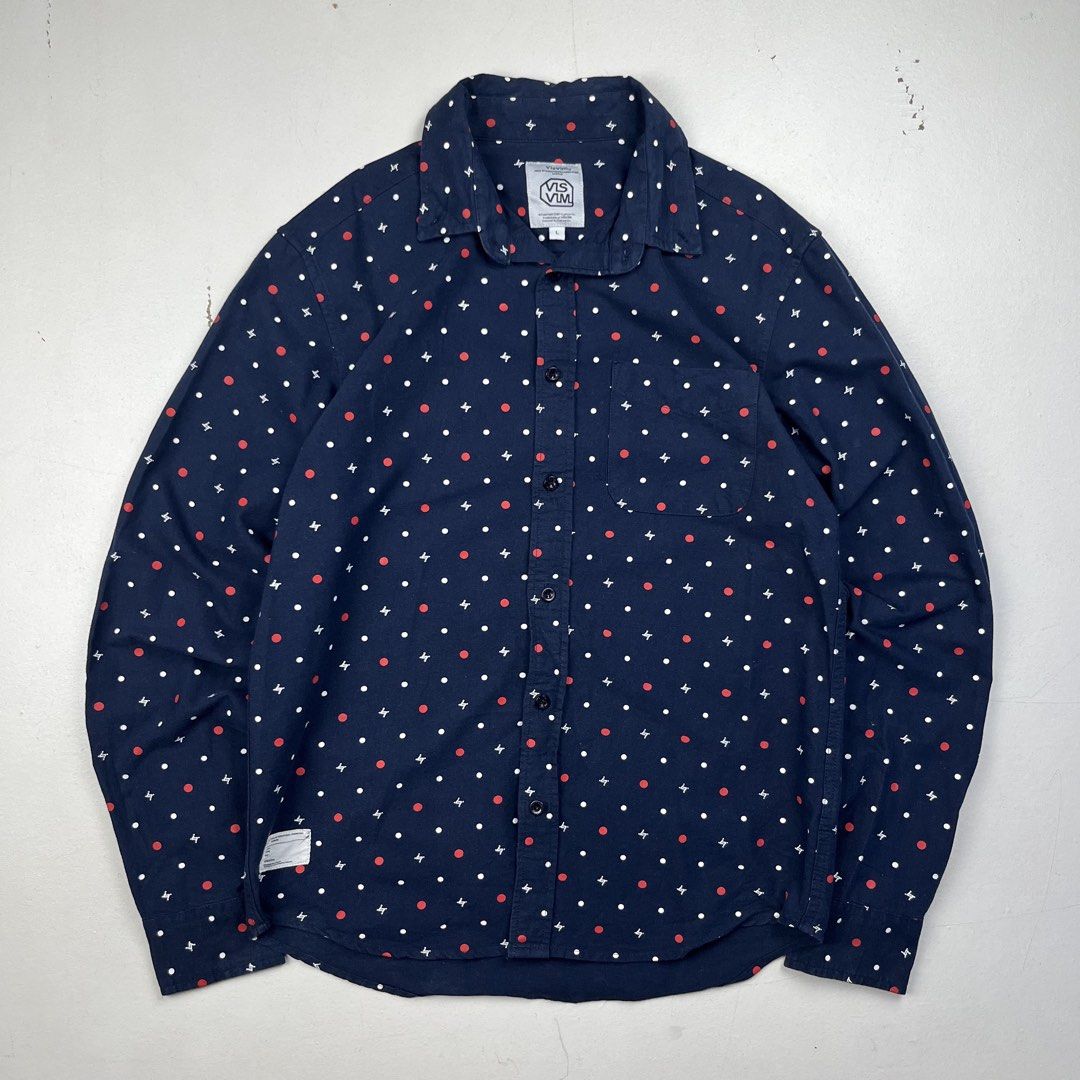 Visvim Polka dot Button-up Long-Sleeve (Category: Coats, Jackets and Outerwear) located in Manila. Submitted by _jaime (Listing ID 1461410073, Image 1). Description: Visvim Polka dot Button-up Long-Sleeve Size: L Shoulder: 17.5 inches Chest width: 19.5 inches Sleeve: 25.5 inches Length: 28 inches Made in Japan 2,000 price is negotiable .