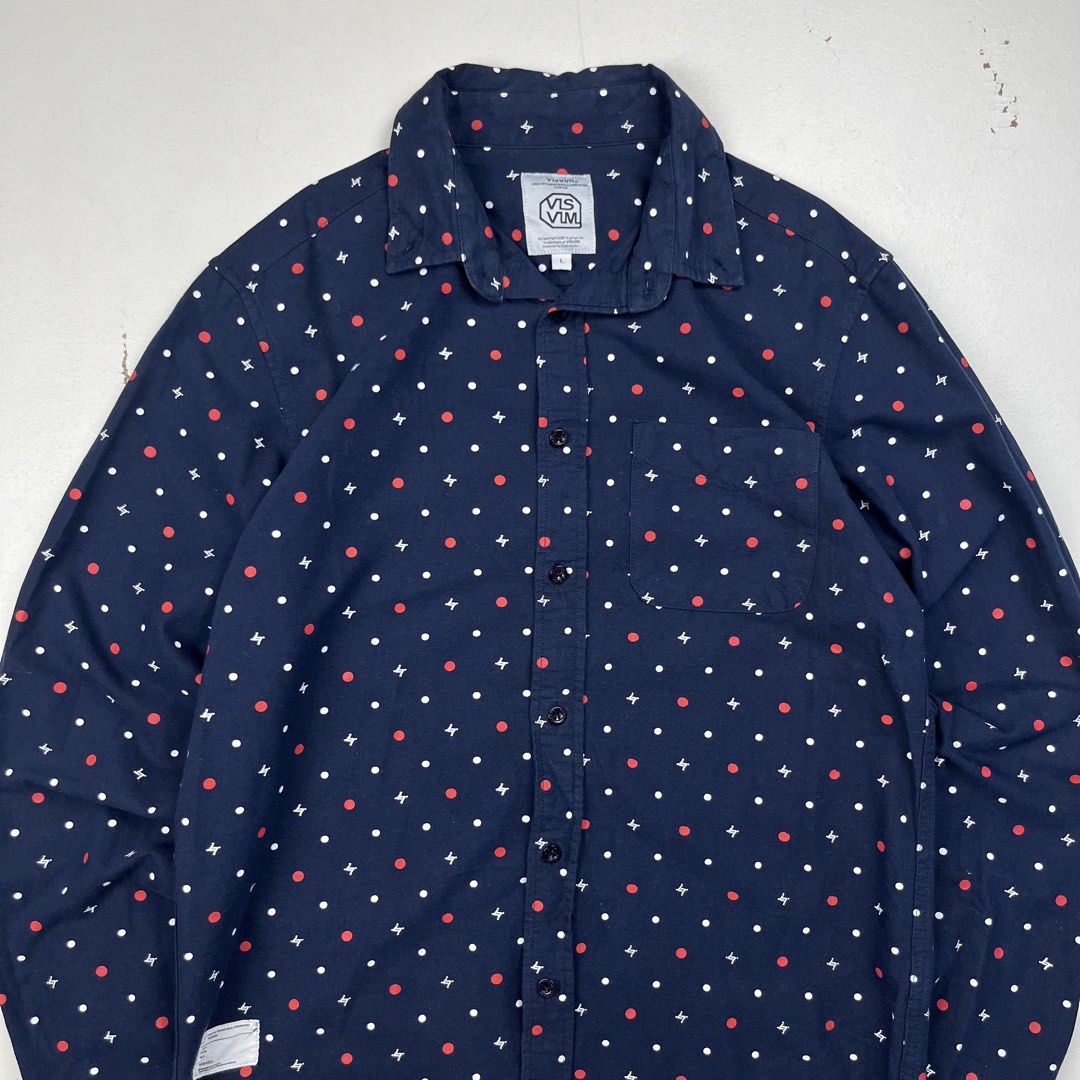Visvim Polka dot Button-up Long-Sleeve (Category: Coats, Jackets and Outerwear) located in Manila. Submitted by _jaime (Listing ID 1461410073, Image 2). Description: Visvim Polka dot Button-up Long-Sleeve Size: L Shoulder: 17.5 inches Chest width: 19.5 inches Sleeve: 25.5 inches Length: 28 inches Made in Japan 2,000 price is negotiable .