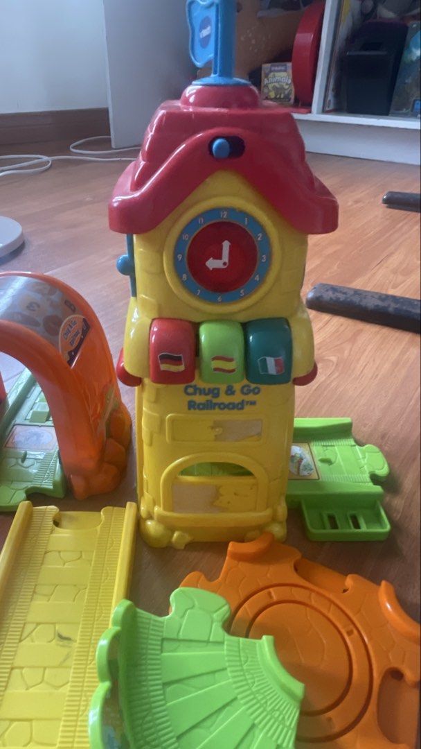 VTech Chug & Go Railroad Train Set with Accessories (Category: Kids Toys) located in Rizal. Submitted by annelimited_stuffs (Listing ID 1461415062, Image 2). Description: - 30pcs VTech Chug & Go Railroad train set - Includes main station, various track pieces, bridges, and accessories - Colorful and engaging pieces - Provides hours of imaginative play - Perfect for toddlers and young children The battery operated is not working anymore.