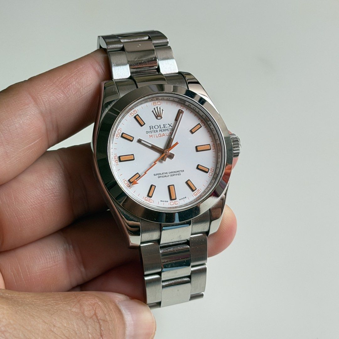 Rolex Milgauss White 116400, 2012 (Welcome Trades with IWC, Rolex,Hublot, Patek Philippe, Audemars Piguet, Omega, Cartier, Tudor, Zenith, Franck Muller) (Category: Watches) located in Singapore. Submitted by internationalluxurysg (Listing ID 1461333783, Image 3). Description: Watch details: •Box & cert dated 2012 Welcome certain trades. Please offer what you've got. Shop-based, by appointment only. 14 Scotts Road, Far East Plaza Contact 9685 8955