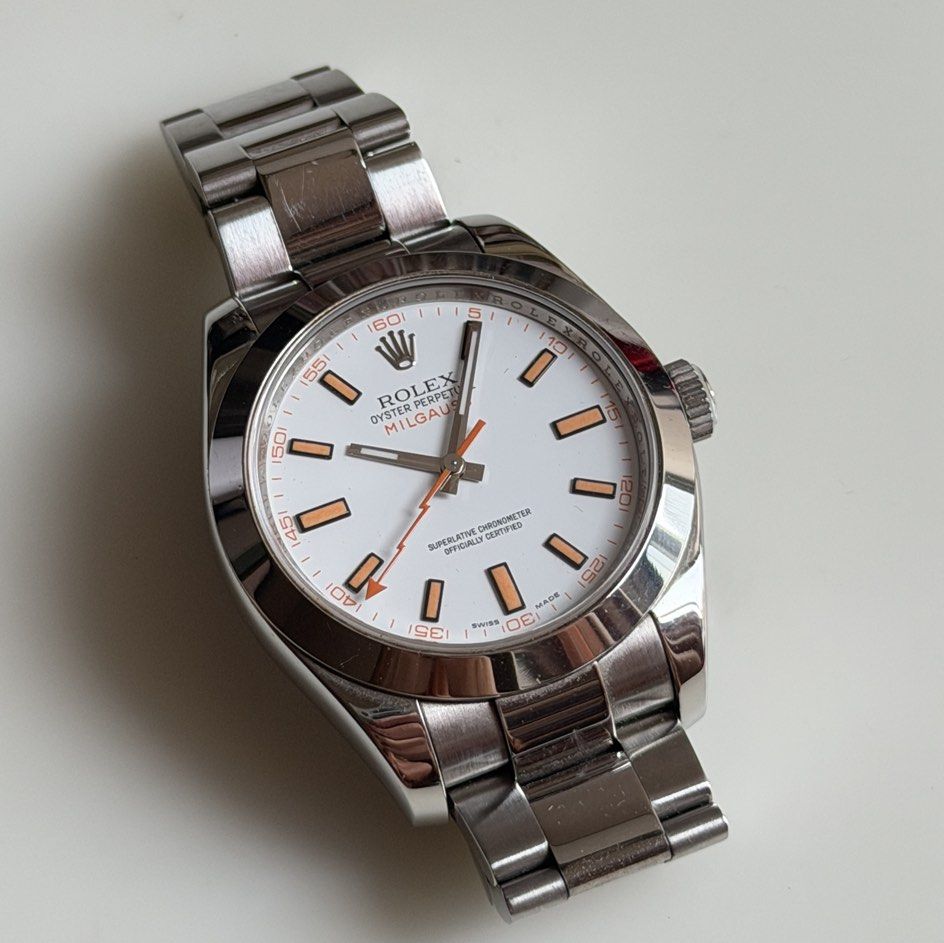 Rolex Milgauss White 116400, 2012 (Welcome Trades with IWC, Rolex,Hublot, Patek Philippe, Audemars Piguet, Omega, Cartier, Tudor, Zenith, Franck Muller) (Category: Watches) located in Singapore. Submitted by internationalluxurysg (Listing ID 1461333783, Image 1). Description: Watch details: •Box & cert dated 2012 Welcome certain trades. Please offer what you've got. Shop-based, by appointment only. 14 Scotts Road, Far East Plaza Contact 9685 8955