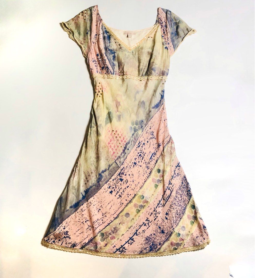 Whimsy MOISELLE Silk-like Viscose Dress with Sequins (Category: Dresses) located in San Pedro. Submitted by subtrop.asph (Listing ID 1461530749, Image 1). Description: Discounts available only for fast payer (within 24h) Fits M Length 44” Bust 32-34” Waist 26-28” - Beautiful MOISELLE dress -100% viscose fabric with unique abstract print - Delicate lace trim - Scattered sequins on neckline and waist - Short cap sleeves - Midi length - Perfect for 