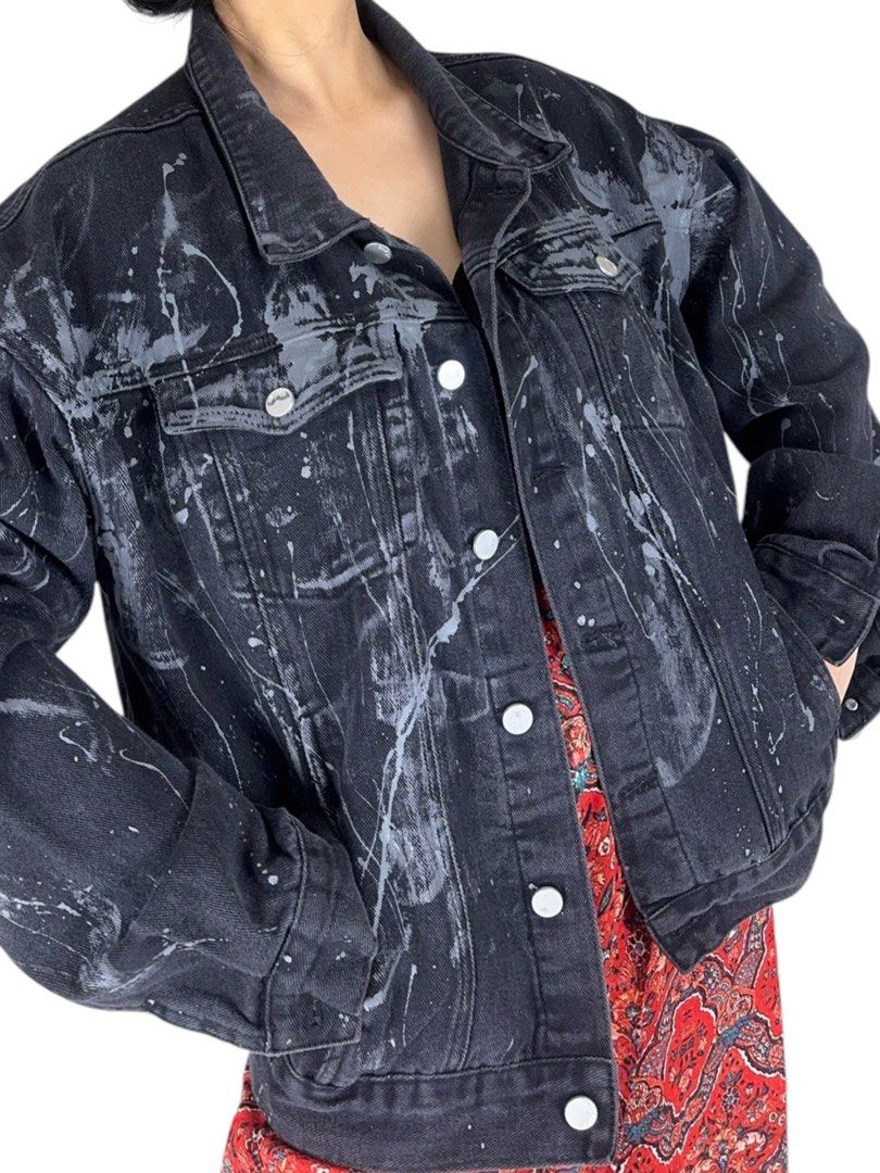 WHIMSYRODE- ABSTRACR PAINT SPLATTER JACKET (Category: Coats, Jackets and Outerwear) located in Quezon City. Submitted by zzzecond (Listing ID 1461518051, Image 1). Description: 🔎 Details • Type: Jacket • Size based on measurements: L-XL (Worn as oversized) • Measurements (Estimated w/ allowance) *Chest (Flat): 23 *Collar to End of Shoulder: 8 *Shoulder to End of Sleeve: 22 *Armpit to Sleeve: 19.5 *Armhole (Flat): 8.5 *Mid Sleeve (Flat): 6.5 *End