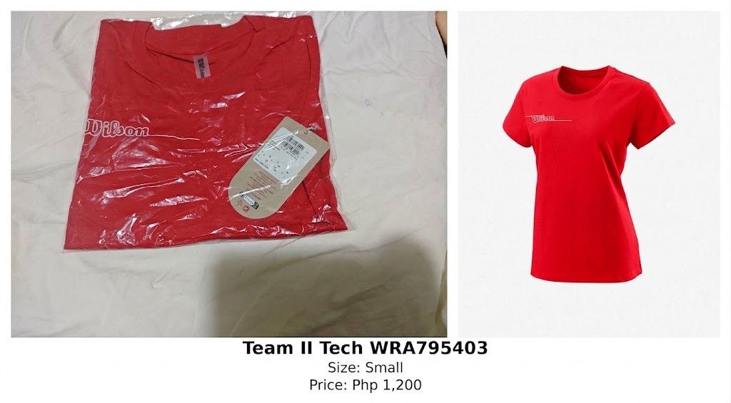 Wilson Team II Tech T-shirt Red Size Small (Category: Shirts) located in San Juan City. Submitted by taroredbean (Listing ID 1461419603, Image 1). Description: - Brand: Wilson - Model: Team II Tech - Color: Red - Size: Small (S) - Condition: Brand new, still in original packaging with tags attached - Usage: Ideal for sports or casual wear - Original Price: Php 1,200.